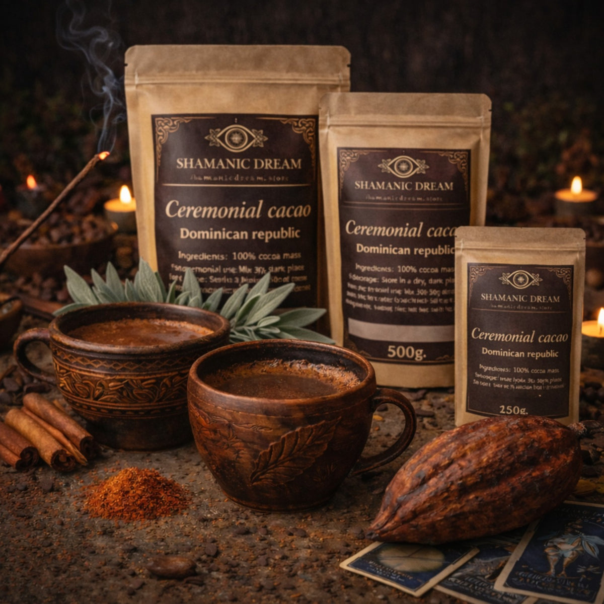 Ceremonial cacao bags with handmade clay cups, a cacao pod and cinnamon sticks on a candlelit ritual table.