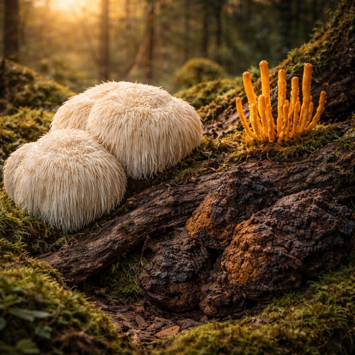 Lion’s mane, cordyceps and chaga mushrooms on a mossy forest log in warm golden light.