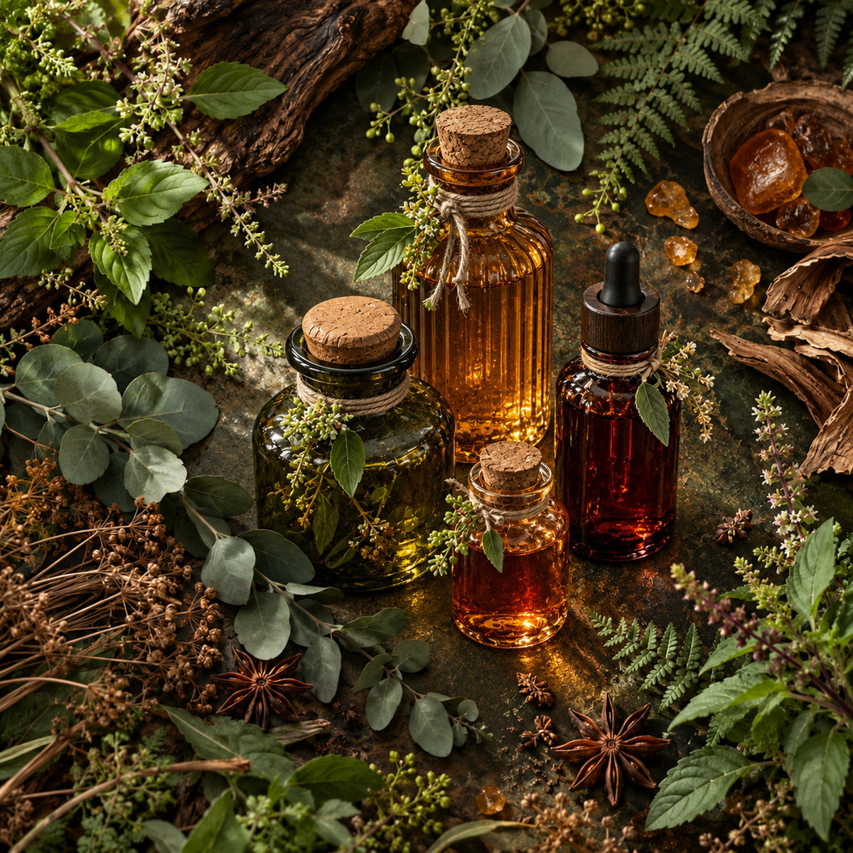 Elixirs collection of amber glass herbal extract bottles with fresh botanicals and star anise in a lush woodland setting.