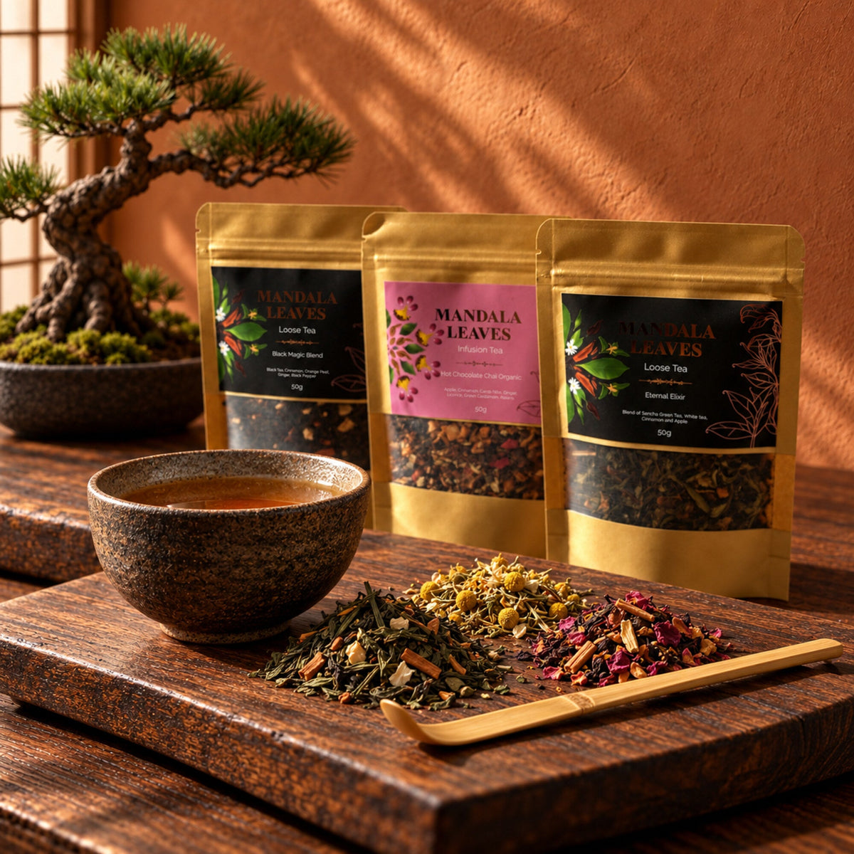 Herbal Alchemy collection with Mandala Leaves loose tea blends, dried botanicals, a ceramic tea bowl and bamboo scoop beside a bonsai on a wooden tea tray.