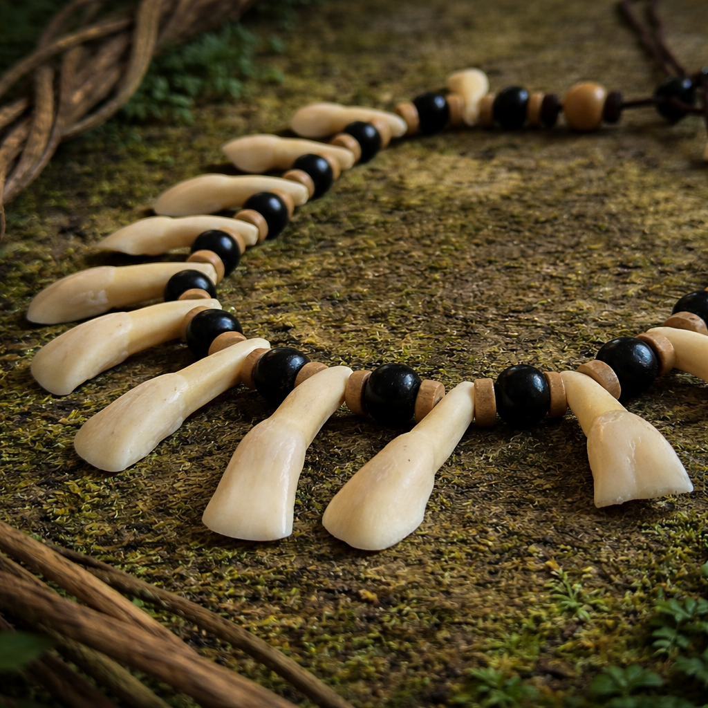 Natural bone tribal style spike statement necklace close up
