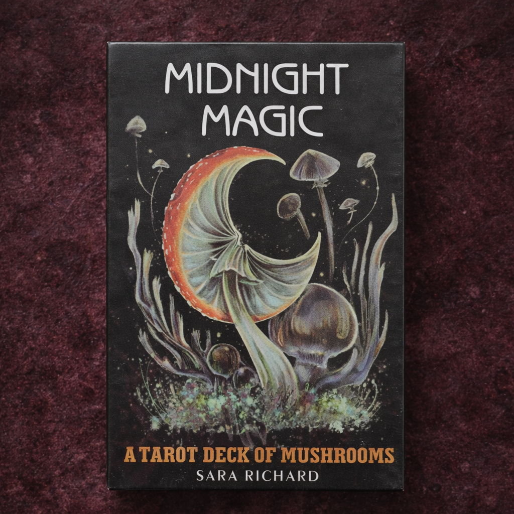 mushroom themed aesthetic tarot cards deck box with botanical artwork
