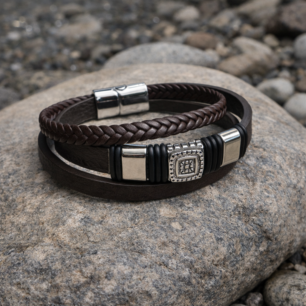 men’s leather bracelet black and brown layered wristband close up