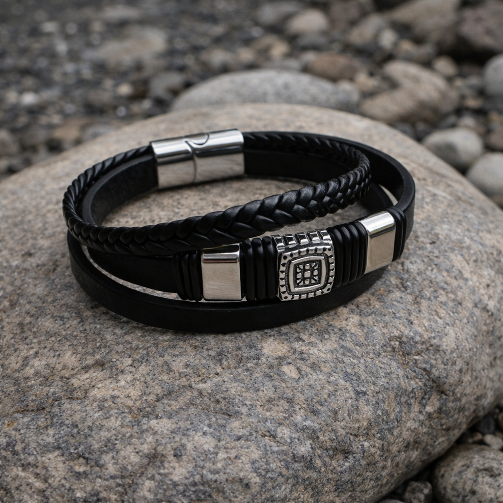 men’s leather bracelet black and brown layered wristband close up