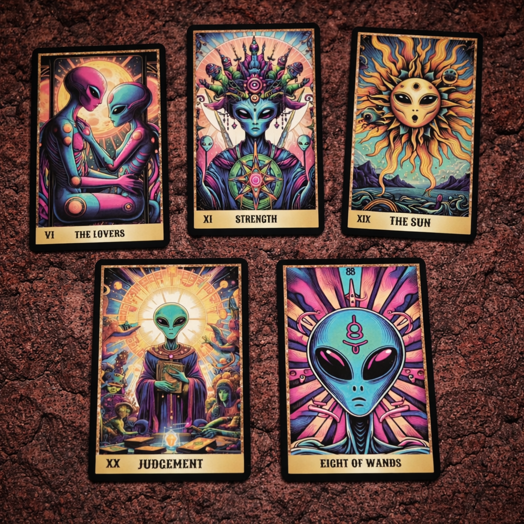Five illustrated Alien Tarot cards featuring colourful extraterrestrial characters and cosmic symbols