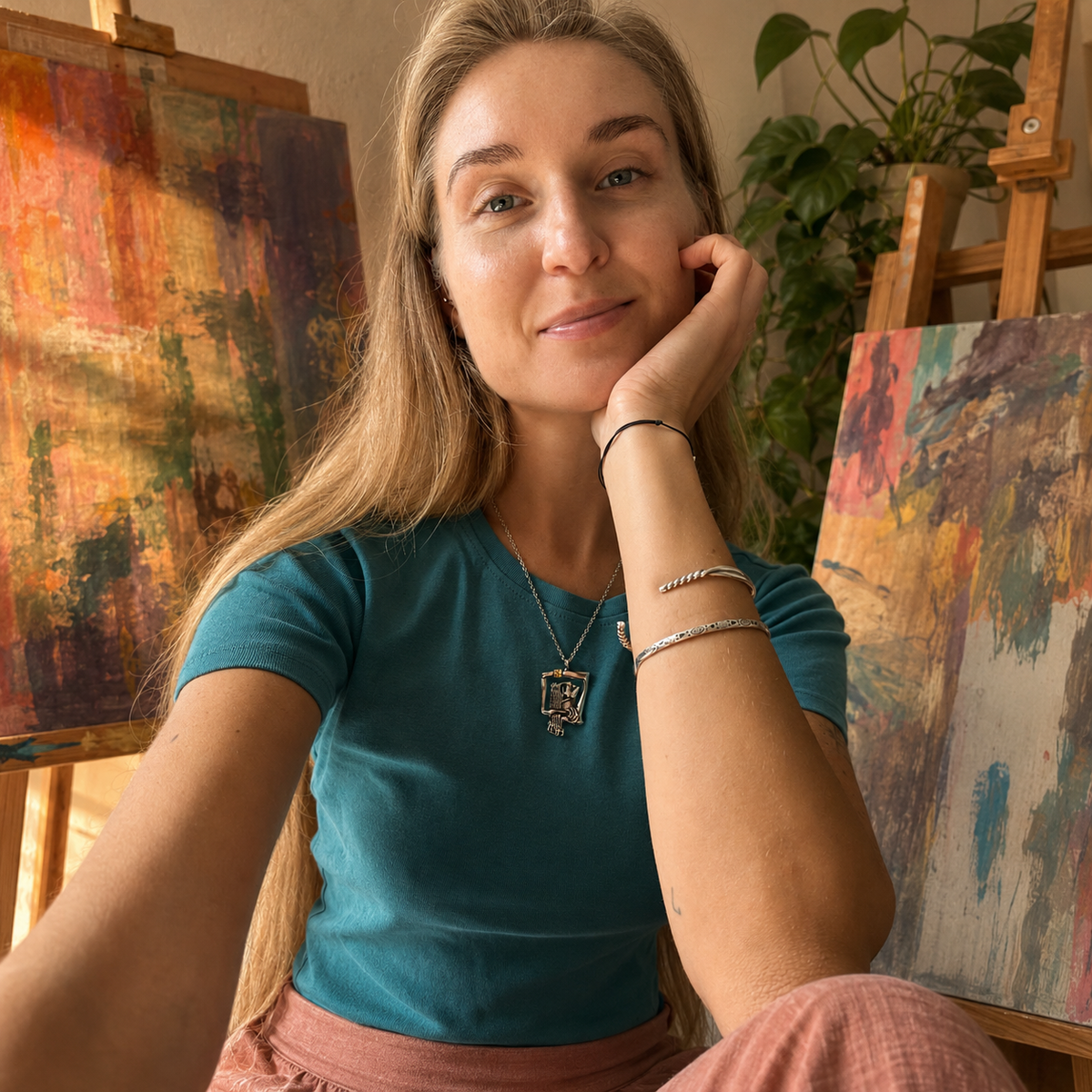 A woman posing in a teal short-sleeve t-shirt and dusty rose pants, wearing silver bracelets and a silver-tone abstract female portrait inner muse inspired pendant necklace, set against an artistic background with colorful paintings on easels.