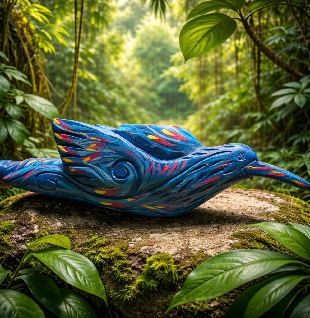 Handmade Amazon Hummingbird Pipe carved from Palo Sangre wood, painted blue with red and yellow details