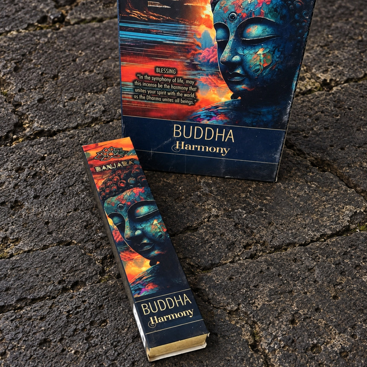 Banjara Buddha Harmony cedarwood and frankincense incense sticks in dark blue Buddha-inspired packaging