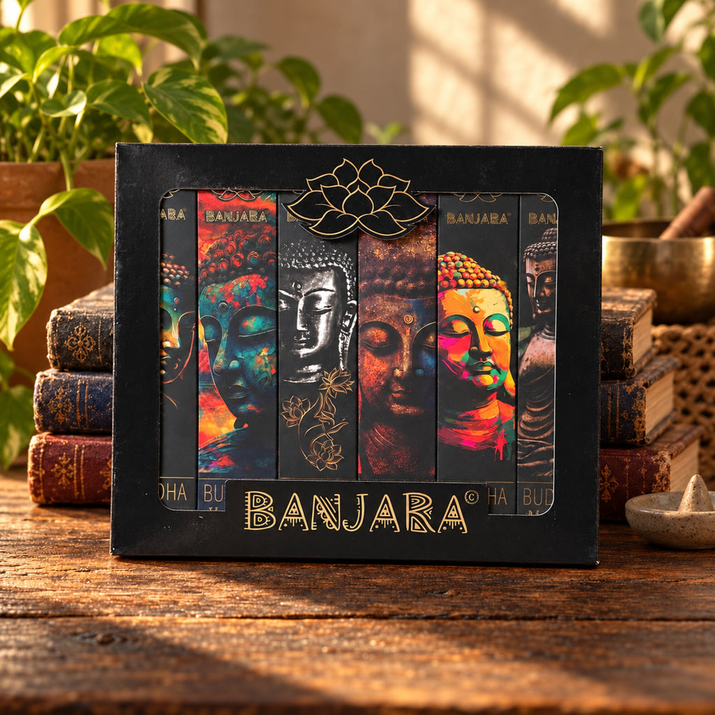 Banjara Buddha incense gift set with six assorted handcrafted incense fragrances in decorative presentation box