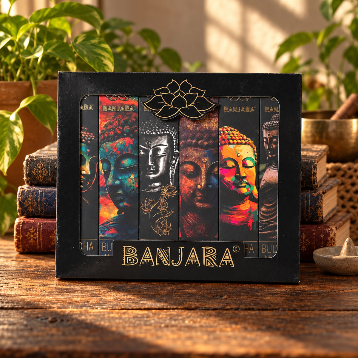 Banjara Buddha incense gift set with six assorted handcrafted incense fragrances in decorative presentation box