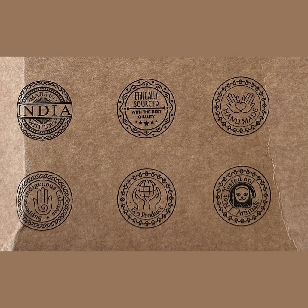 Banjara Copal incense packaging showing Made in India, ethically sourced, handmade and eco product symbols.