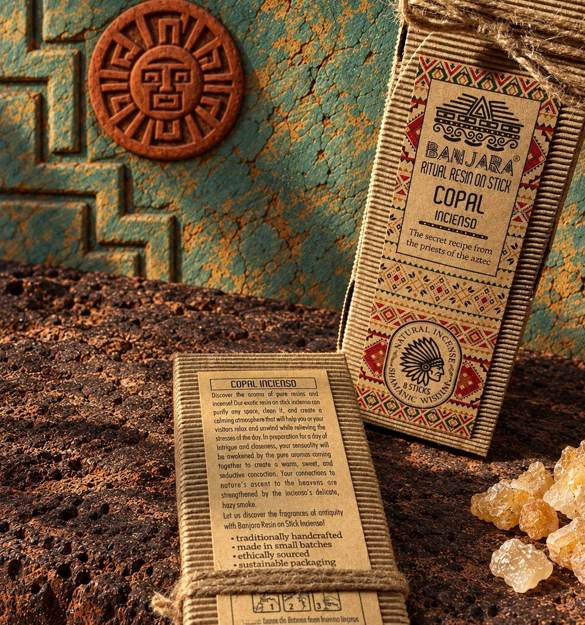 Close-up of Banjara Copal resin incense packaging with ritual-inspired design and natural resin pieces.