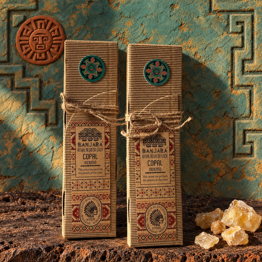 Banjara Copal Ritual Resin on Stick incense packs displayed against an Aztec-inspired turquoise background with copal resin pieces.
