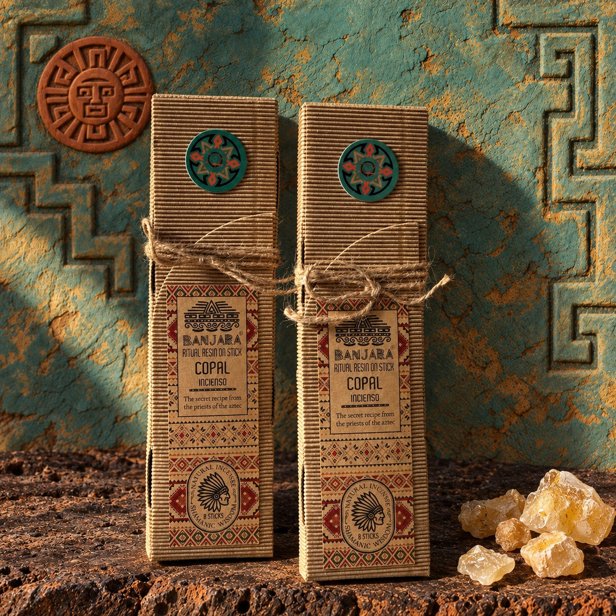 Banjara Copal Ritual Resin on Stick incense packs displayed against an Aztec-inspired turquoise background with copal resin pieces.