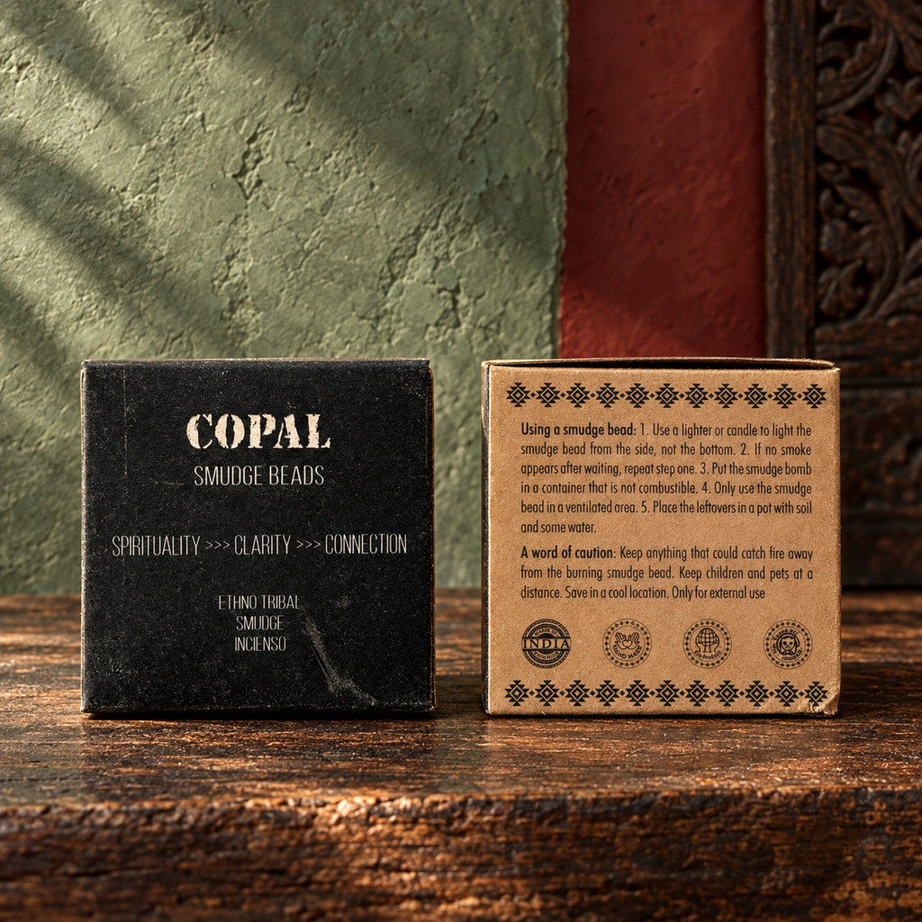 Front and back of Banjara Copal Smudge Beads packaging showing symbolic text and burning instructions.