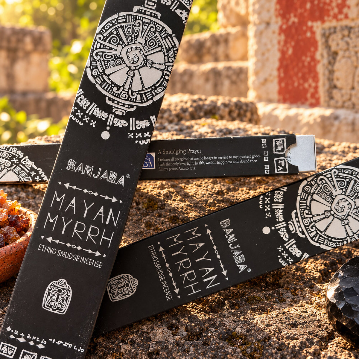 Banjara Mayan Myrrh incense packages with Mayan-inspired artwork and printed smudging prayer on side panel.