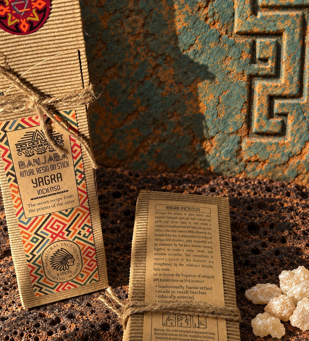 Close-up of Banjara Yagra resin incense packaging with ritual-inspired design and resin pieces beside the box.