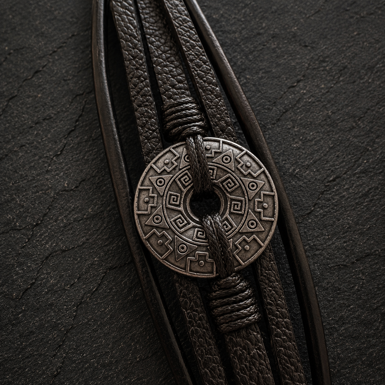 Close-up of black multi-strand bracelet with detailed silver-tone geometric disc.
