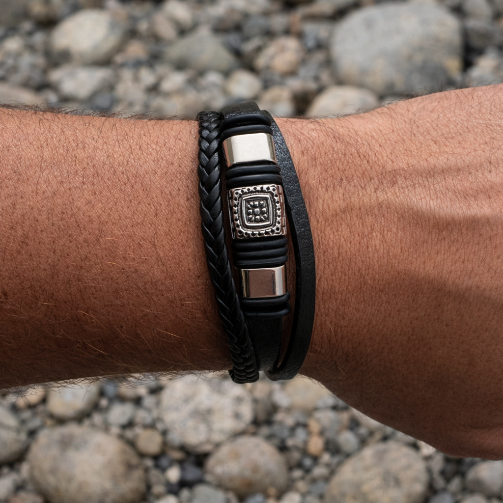 Wrist wearing a black braided bracelet and matching wrap bracelet with silver-tone geometric details
