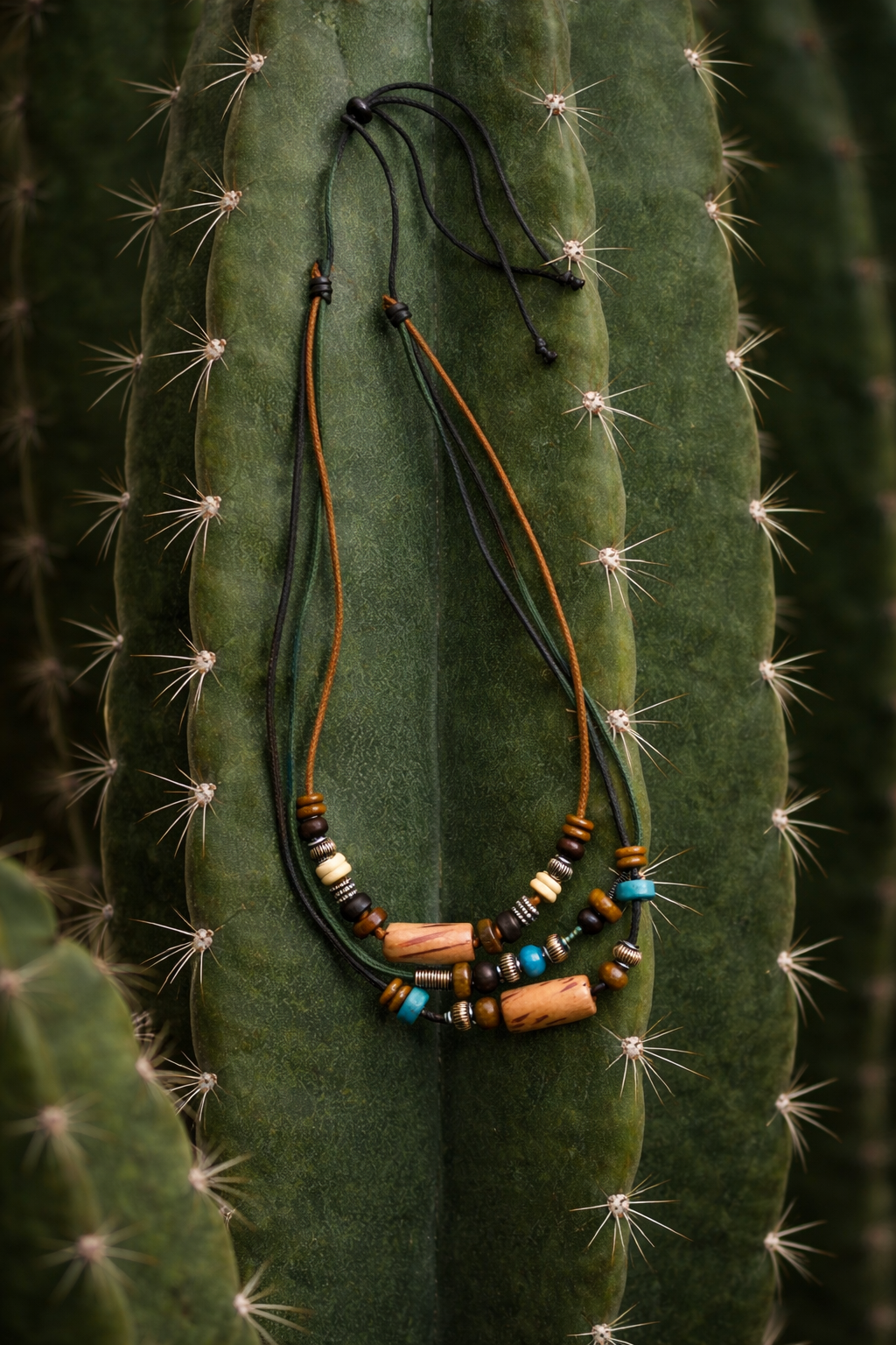 Three adjustable boho cord bracelets with brown, black and turquoise-look beads, shown on a cactus