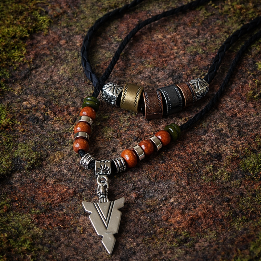 Close-up of a boho arrowhead-style pendant necklace with mixed brown and green beads, patterned metal details and black cords