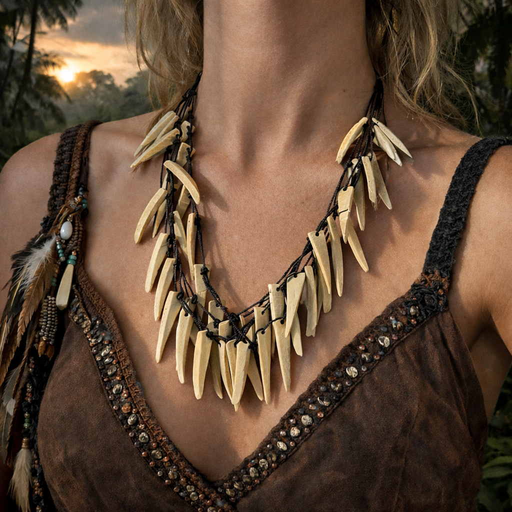 Boho tribal wooden statement necklace. Model wearing a boho necklace with layered bone-look fang pendants on dark cord