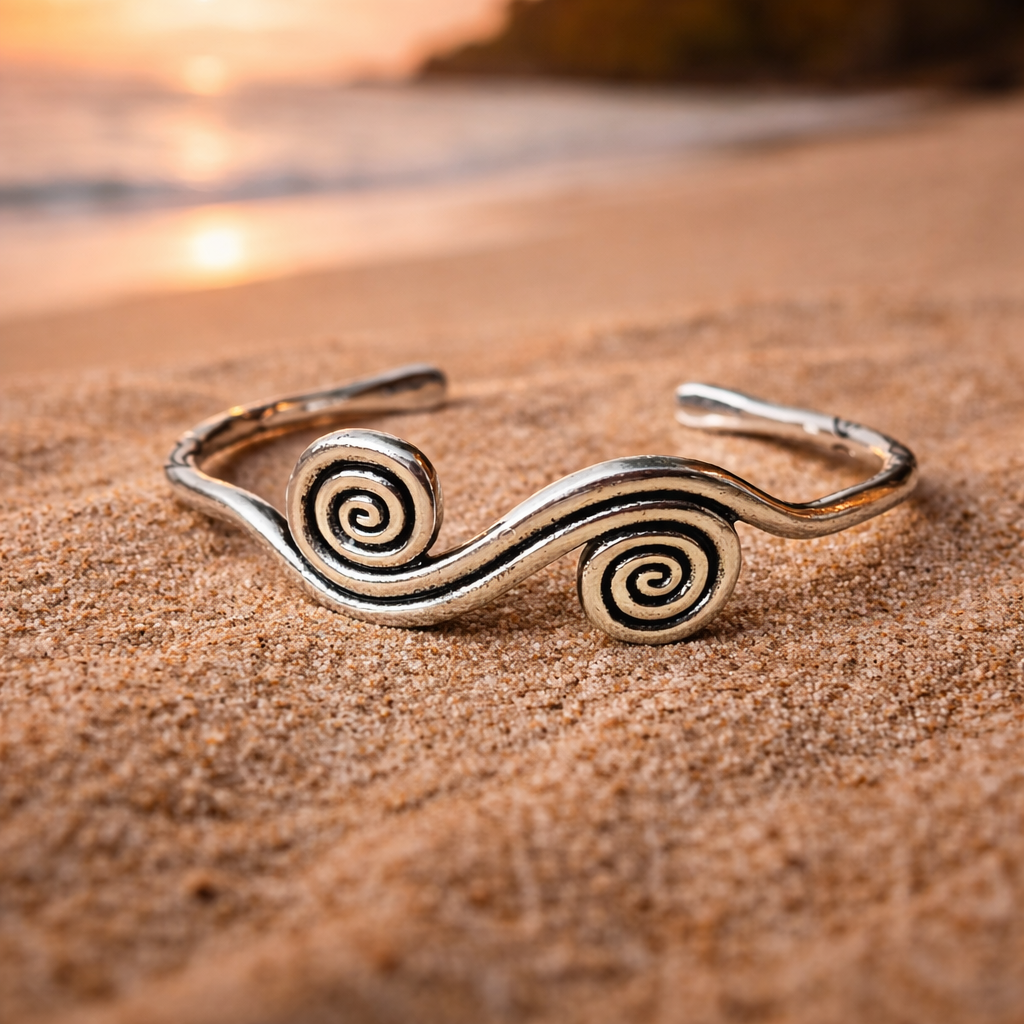 Boho silver-tone double spiral open cuff bracelet displayed on sand