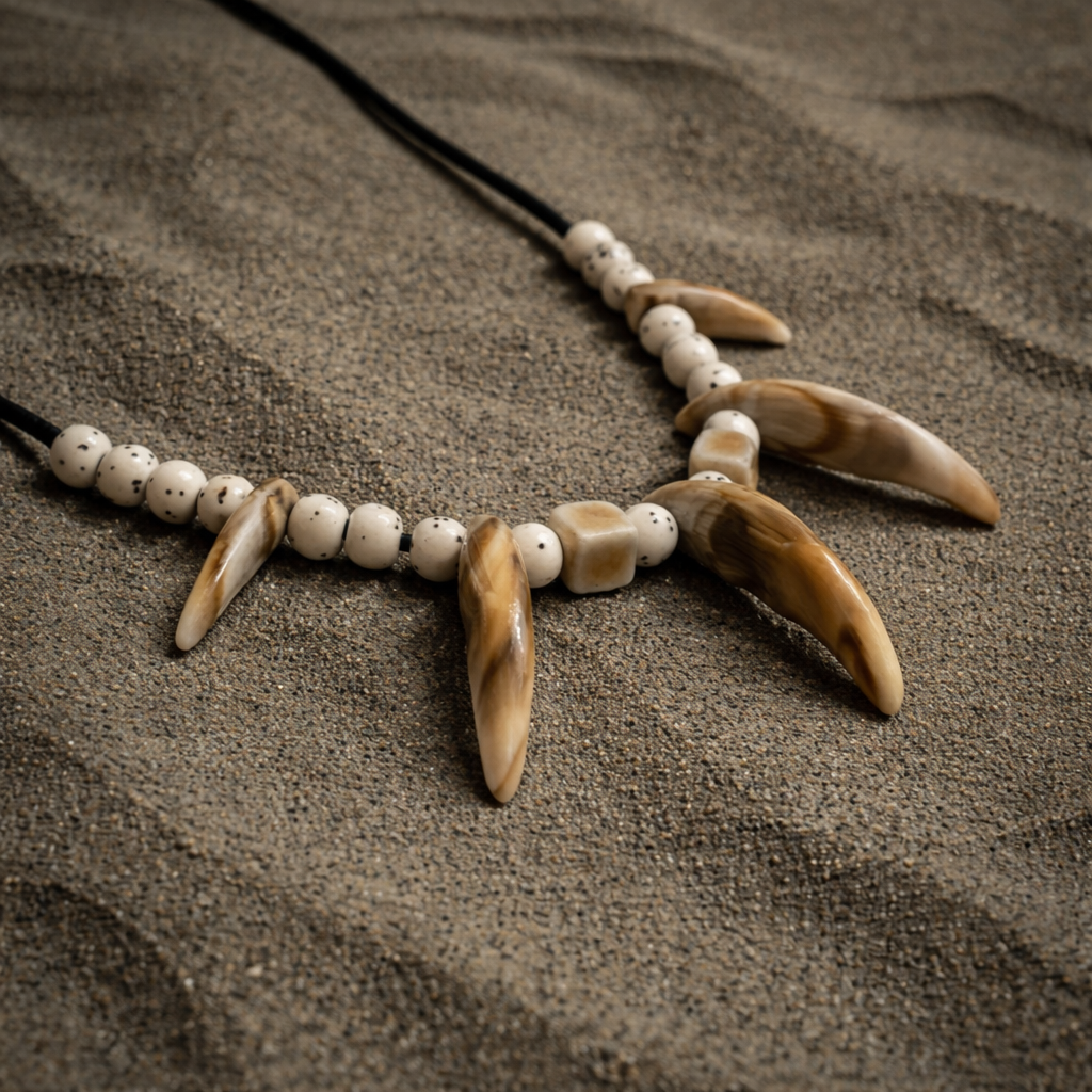 Close-up of a boho fang-look beaded necklace with cream and brown tooth-shaped pendants on a black cord. Festival wear. 