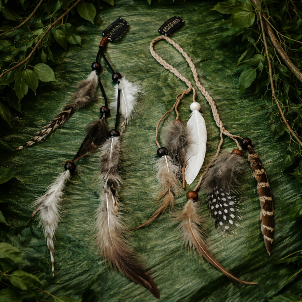 Set of two boho feather hair clip extensions with black clips, beaded cords and braided detailing