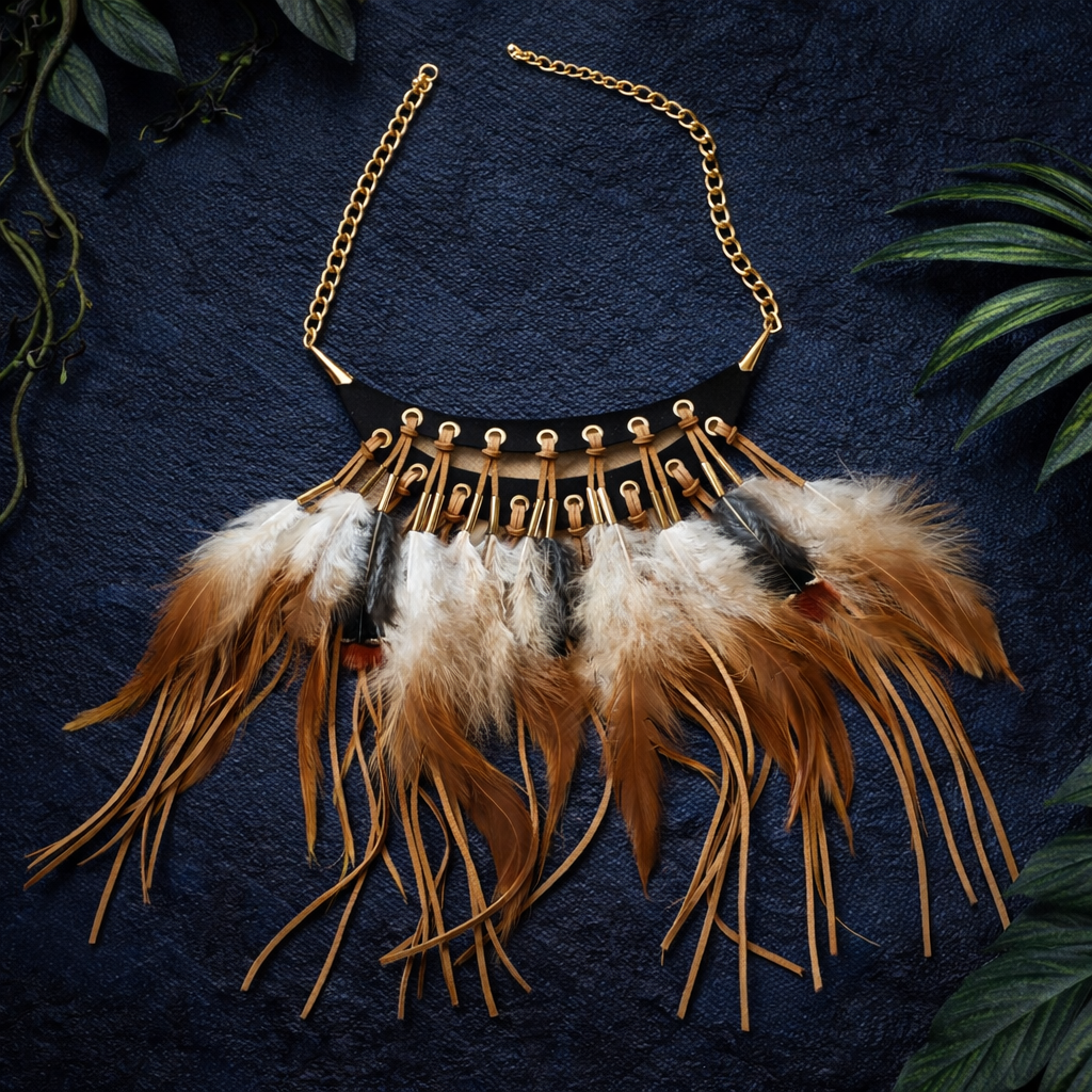 Boho feather-fringe statement necklace with a black collar, tan cord fringe and gold-tone chain. Festival wear.