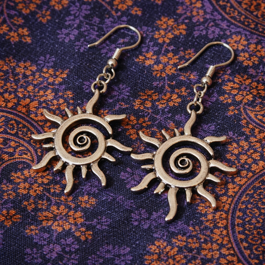 Pair of silver-tone spiral sun drop earrings on purple patterned fabric