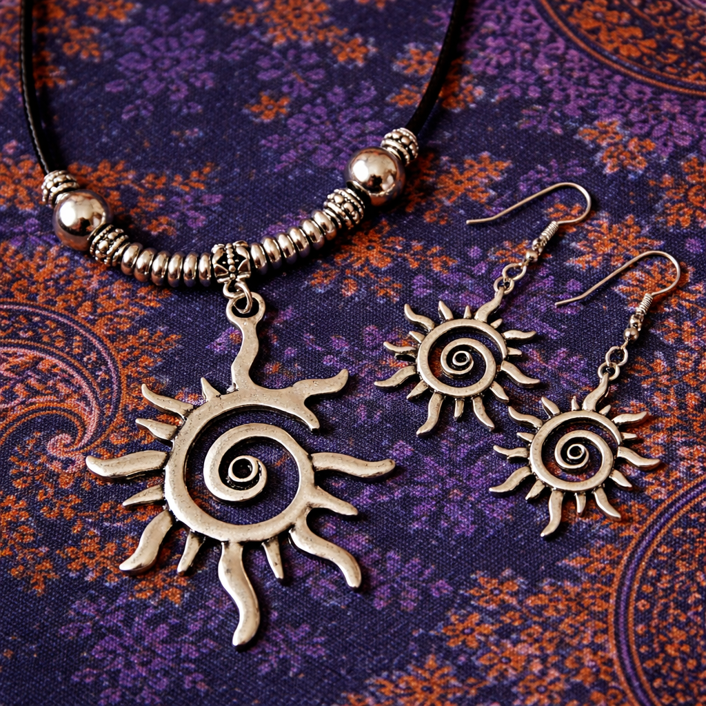 Matching silver-tone spiral sun pendant necklace and drop earring jewellery set