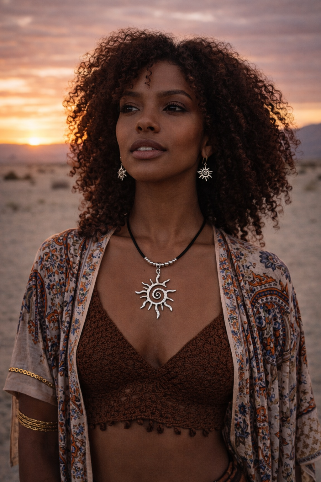 Close-up of a model wearing a silver-tone spiral sun necklace and matching sun drop earrings