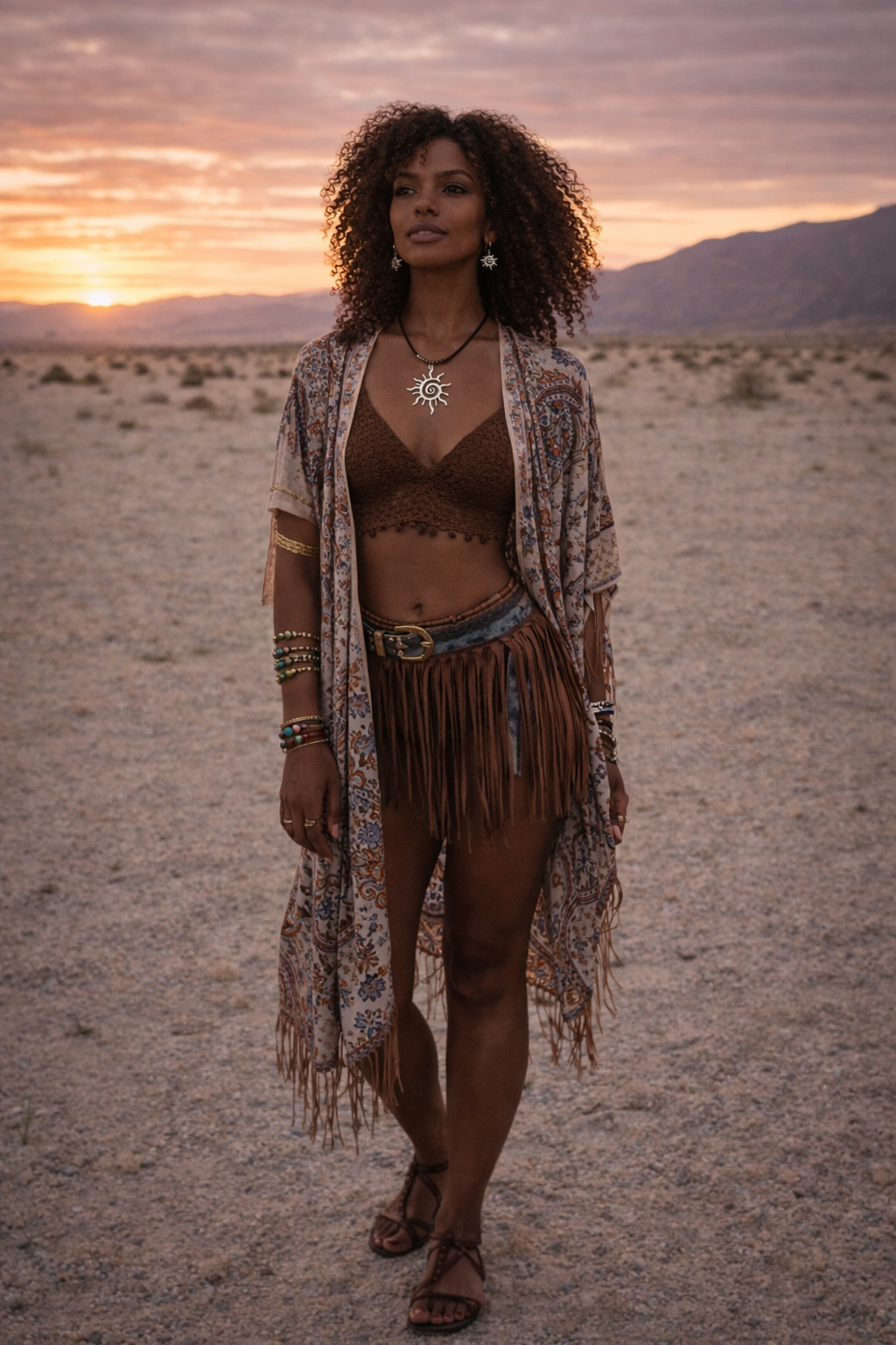 Model wearing a silver-tone spiral sun pendant necklace and matching drop earrings