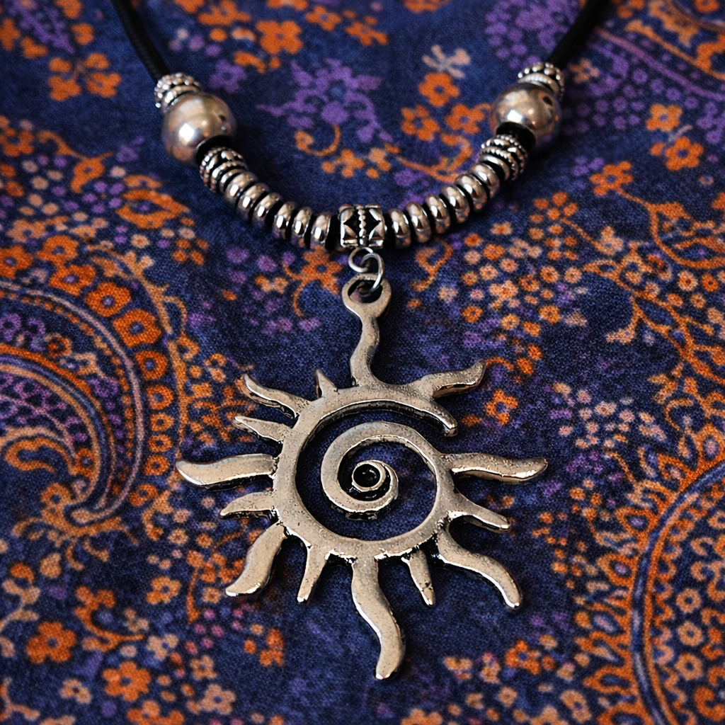 Silver-tone spiral sun pendant necklace with decorative metal beads on a black cord