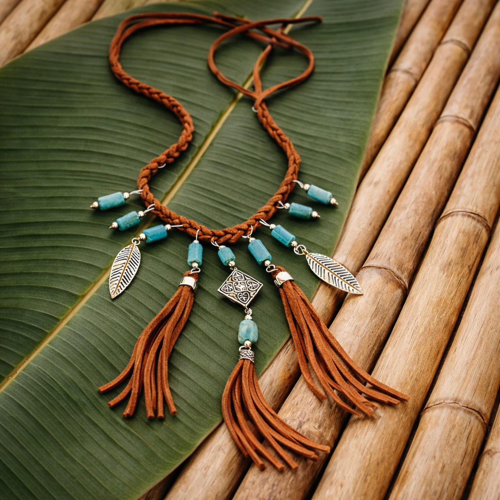 Full view of a boho tassel necklace with turquoise-look beads, silver-tone leaf charms and brown braided cord. Festival wear. Bali inspired