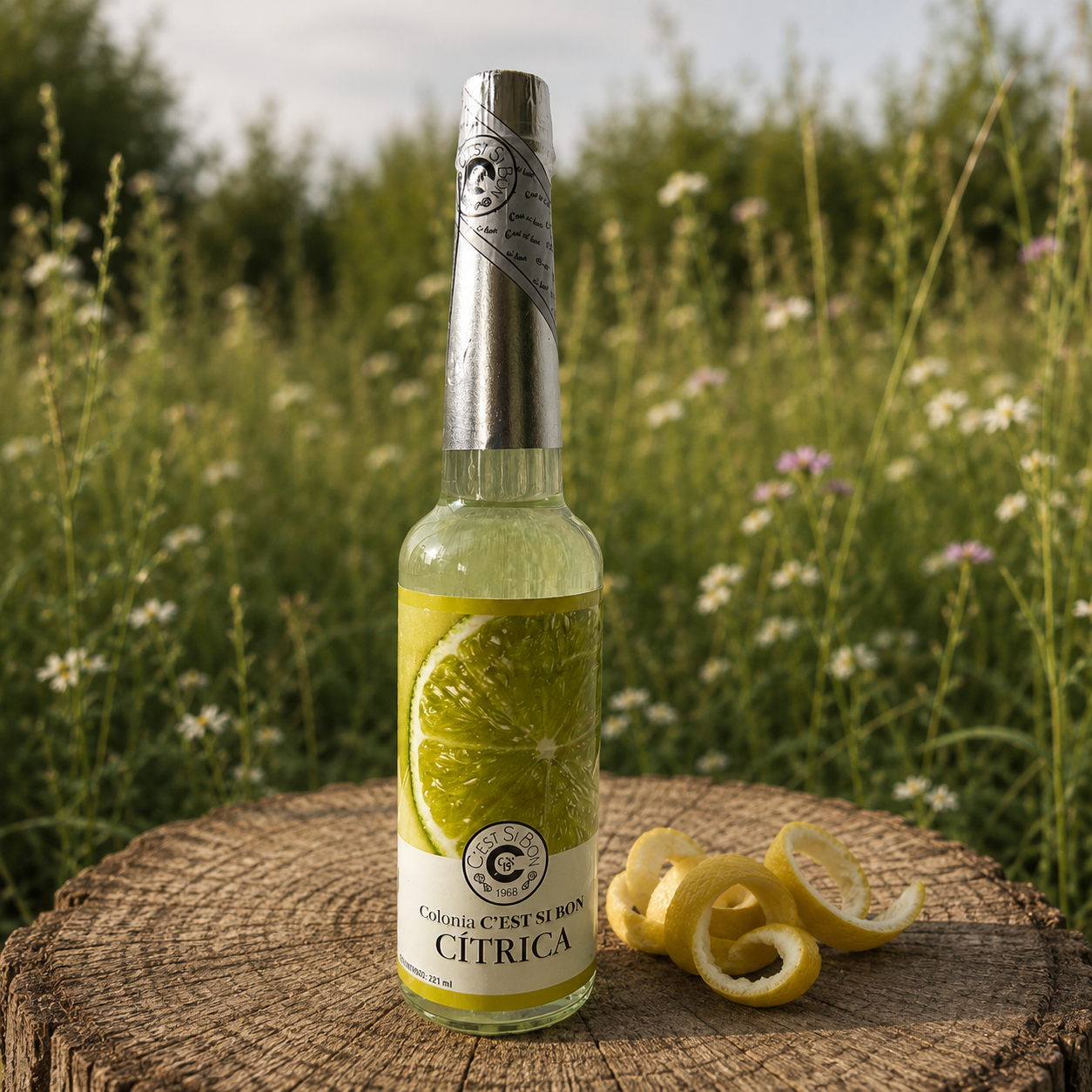 Bottle of C’est Si Bon Citrica citrus cologne displayed on a natural tree stump with fresh citrus peel in a meadow