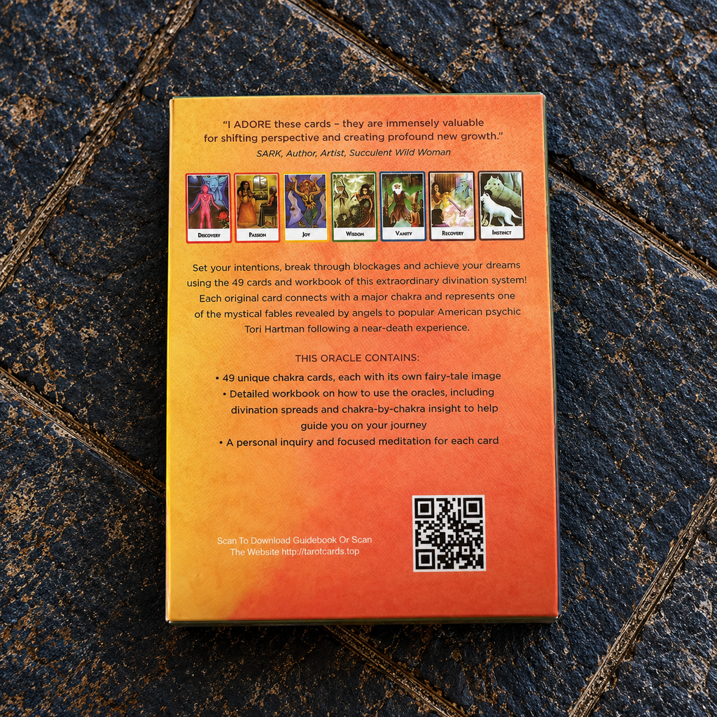 Back of Chakra Wisdom Oracle Cards box showing 49-card deck details and workbook information