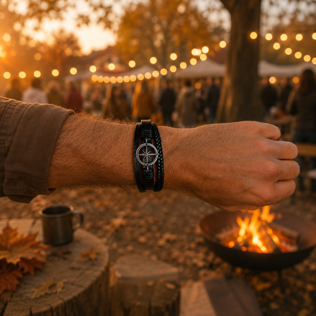 Man wearing a black braided leather bracelet with a metal compass charm at an outdoor gathering.