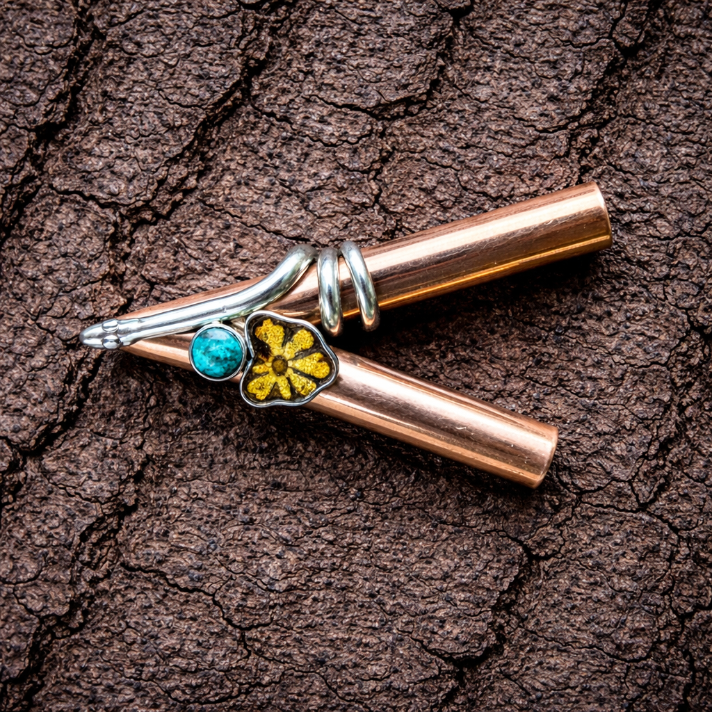 Copper Kuripe Hapé self applicator with silver-tone fittings, a turquoise-look cabochon and ayahuasca vine detail
