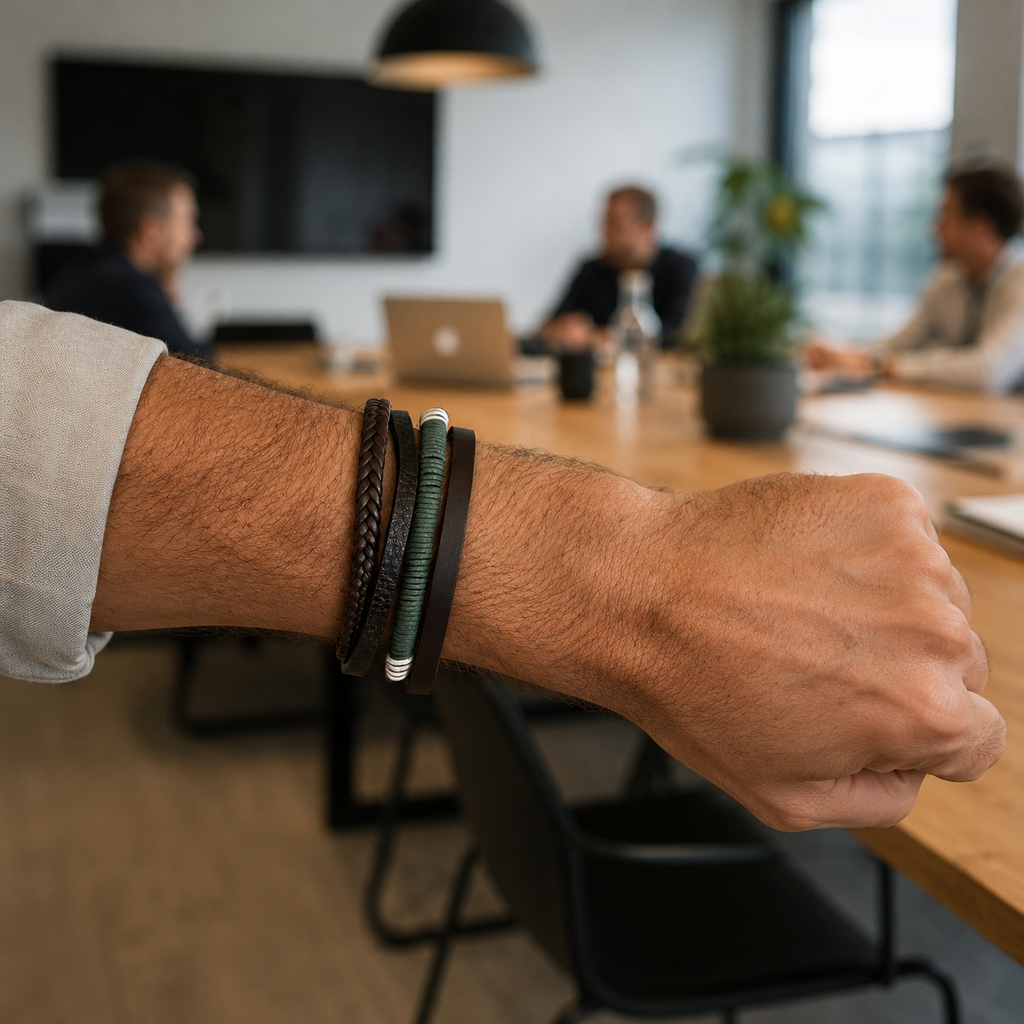 Dark brown layered bracelet duo with green cord and black metallic details worn on a man’s wrist.