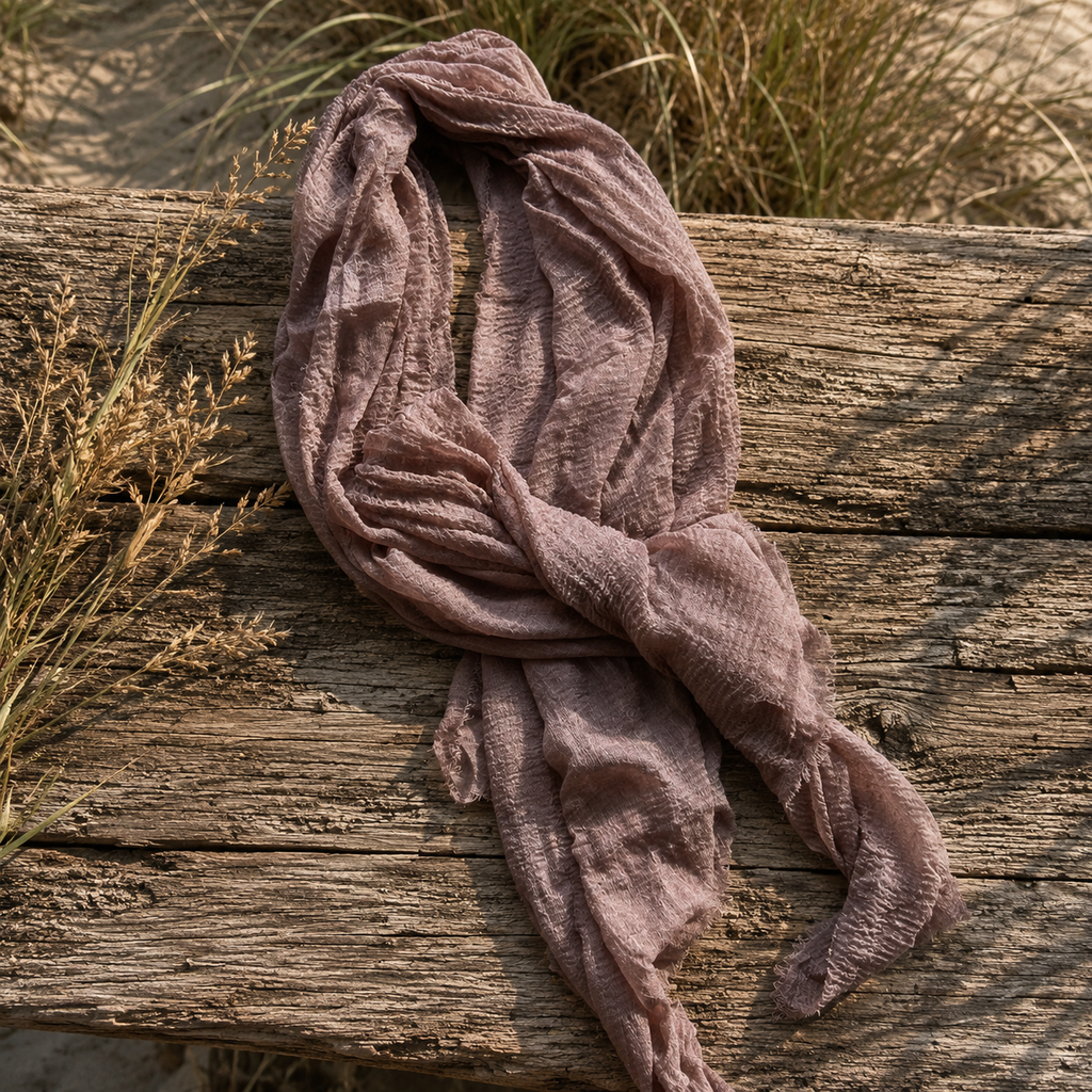 Cacao brown lightweight linen blend gauze scarf with soft textured weave displayed outdoors.