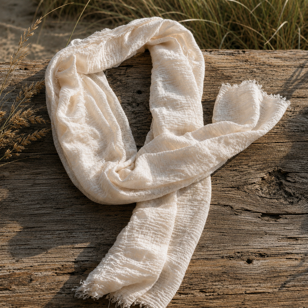 Ivory lightweight linen blend scarf with textured weave displayed on rustic wood.