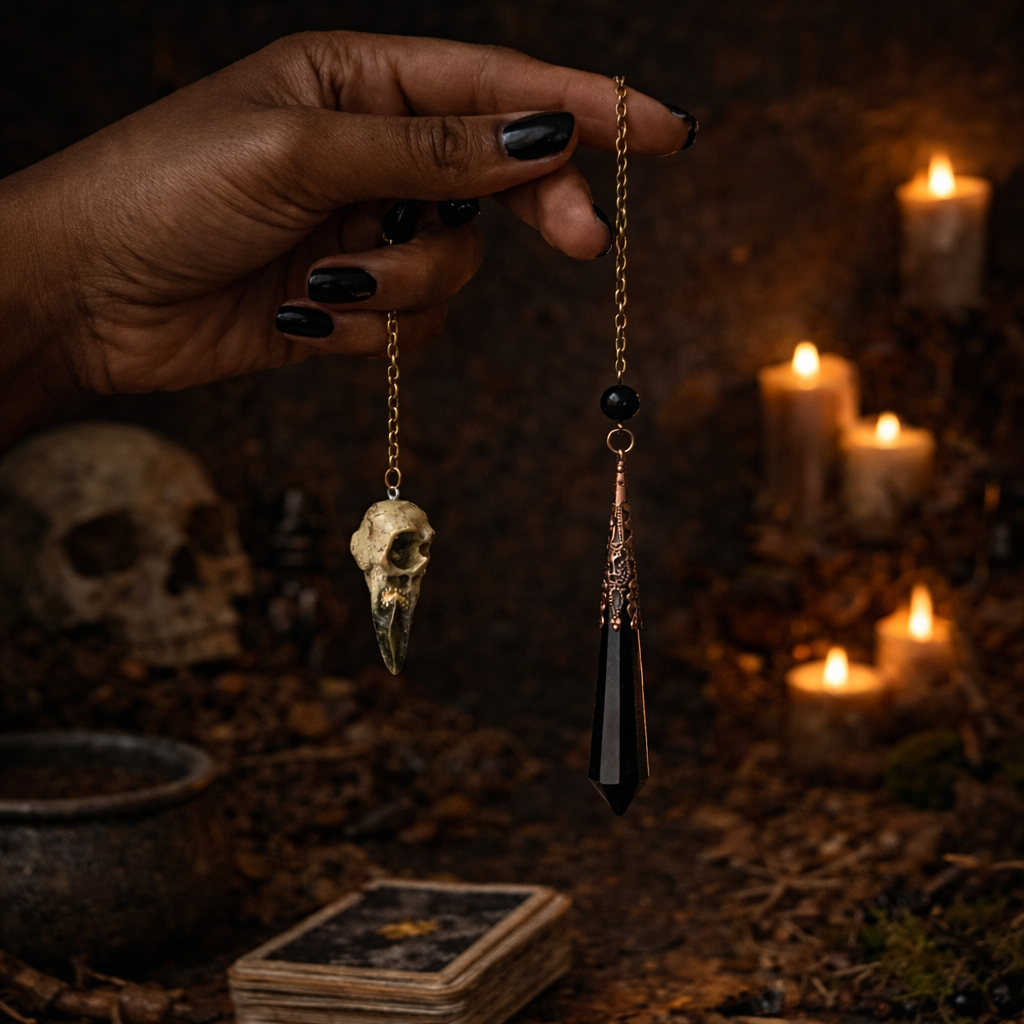 Hand holding a divination pendulum with skull and black faceted details on a gold-tone chain