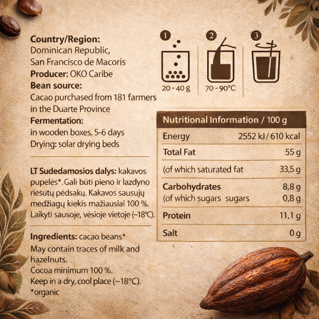 Dominican Republic ceremonial cacao origin, ingredients, preparation instructions and nutritional information