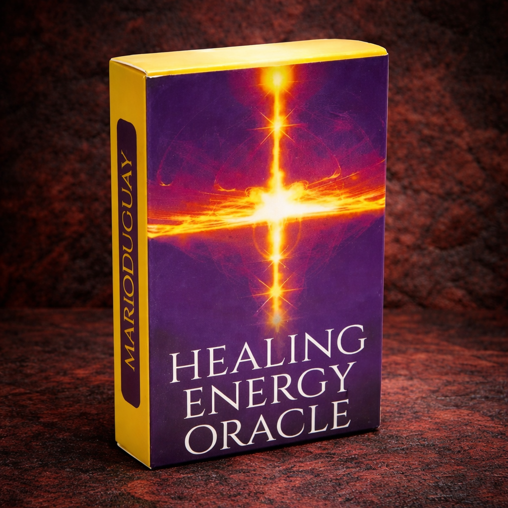 Healing Energy Oracle deck box by Mario Duguay with luminous gold-and-orange energy artwork on a purple background
