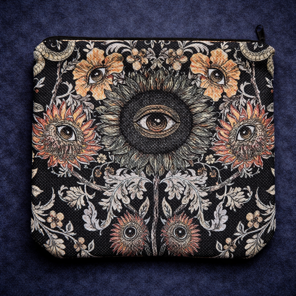 Black zippered pouch with a floral all-seeing-eye print in cream, orange and muted red tones