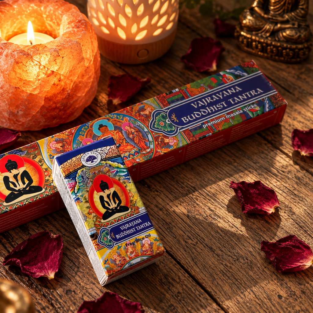 Green Tree Vajrayana Buddhist Tantra incense and matching fragrance oil set styled with candle, diffuser and rose petals