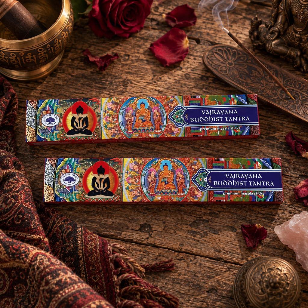Green Tree Vajrayana Buddhist Tantra premium masala incense boxes styled on rustic wood with roses and Buddhist-inspired accessories.