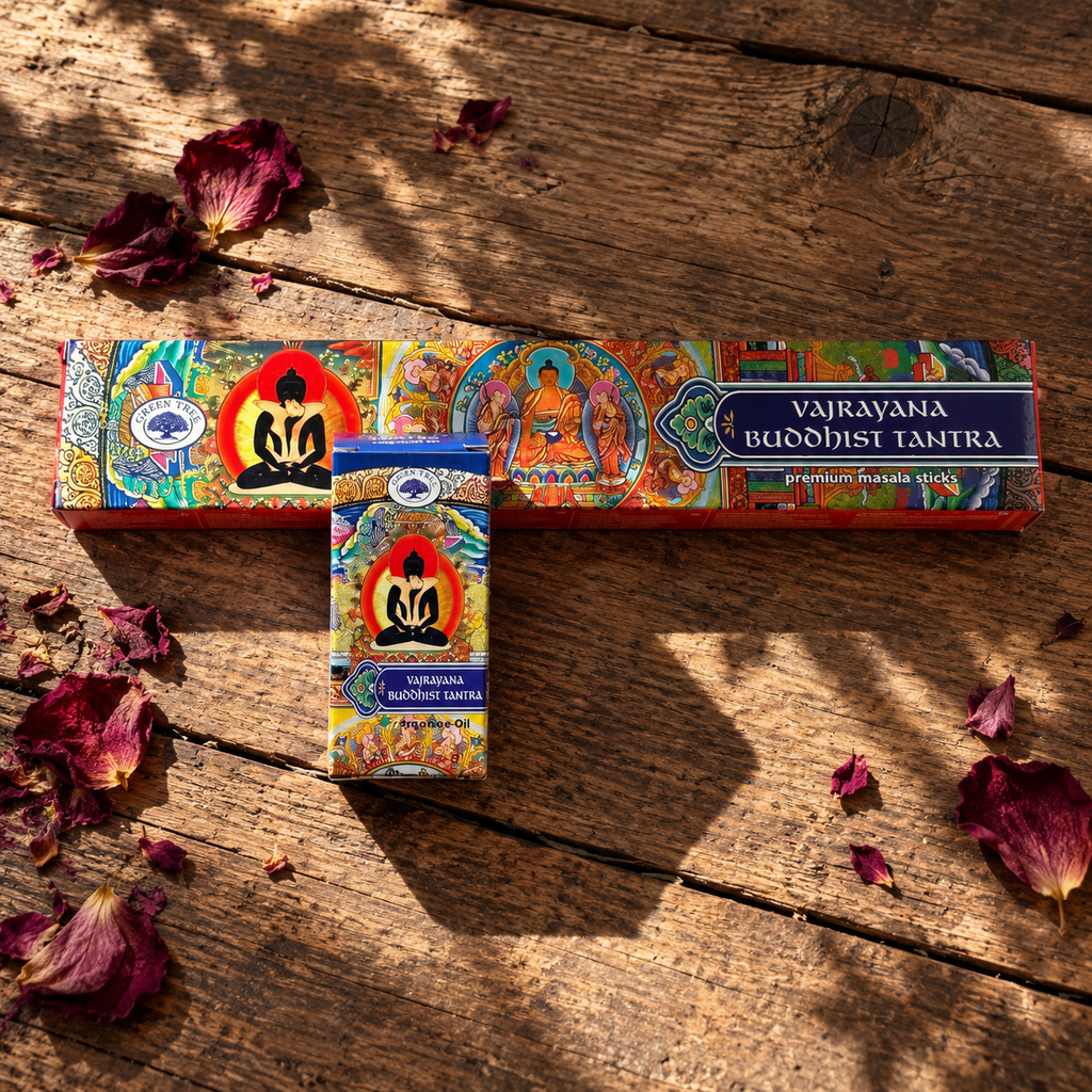Green Tree Vajrayana Buddhist Tantra premium masala incense and fragrance oil set displayed on rustic wood with rose petals